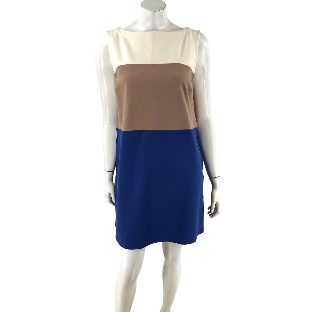 Betabrand Shift Dress Size Large Cream Tan Blue Colorblock Ponte Stretch Pockets